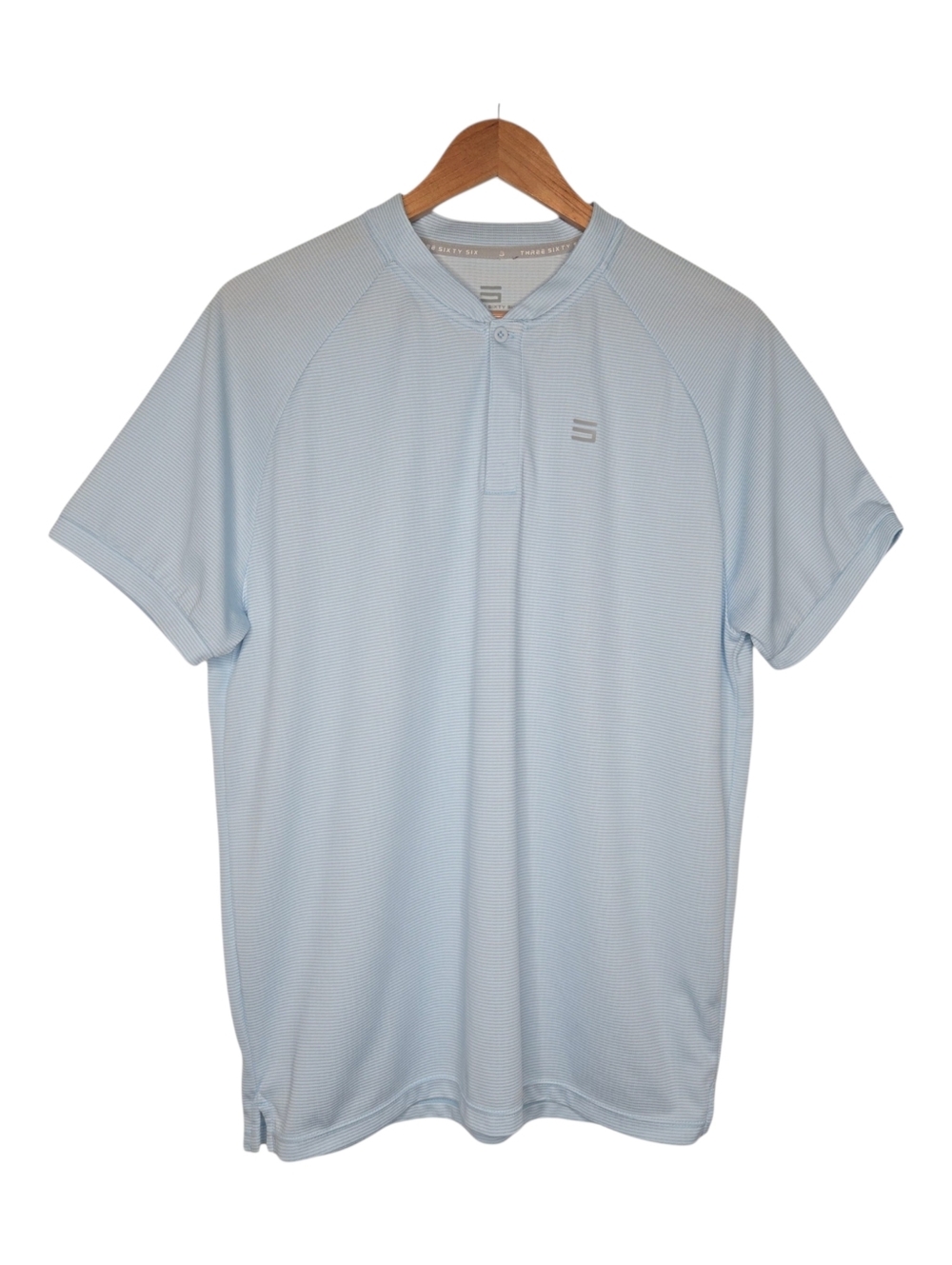 Three Sixty Six Mens Light Blue Striped Collarless Golf Polo Shirt Size Large